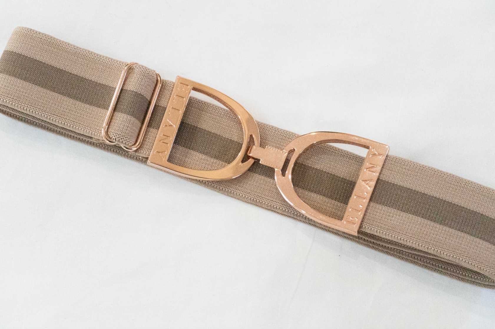 Ellany Taupe Stripes- 1.5" Rose Gold Stirrup Elastic Belt