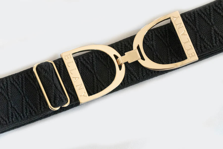 Ellany Black Dante Belt- 1.5" Gold Stirrup Elastic Belt