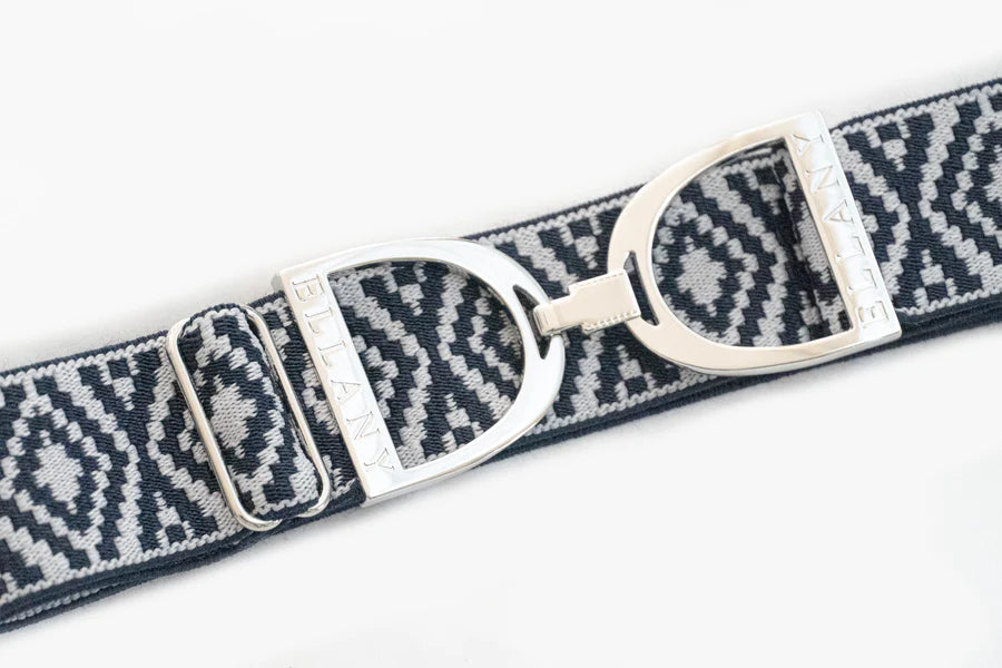 Ellany Navy Ornata Belt- 1.5" Silver Stirrup Elastic Belt